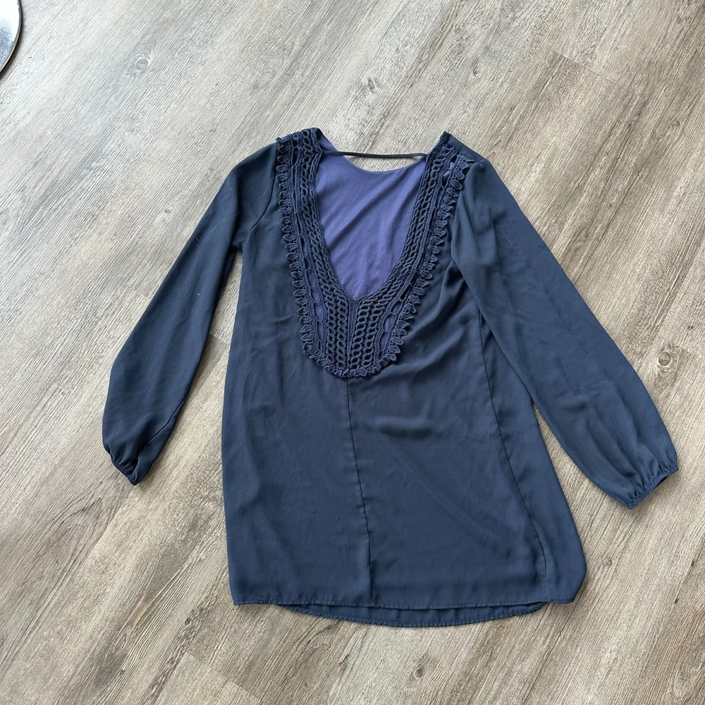 Sage Navy Blue Lace Backless Long Sleeve Dress - Large